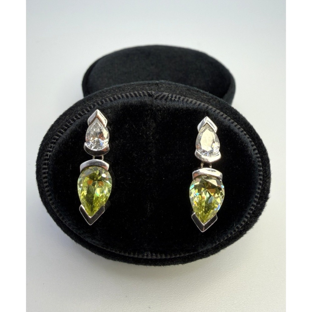 Vintage 925 Sterling Silver Green & White CZ Teardrop Drop Earrings Modern Glam
